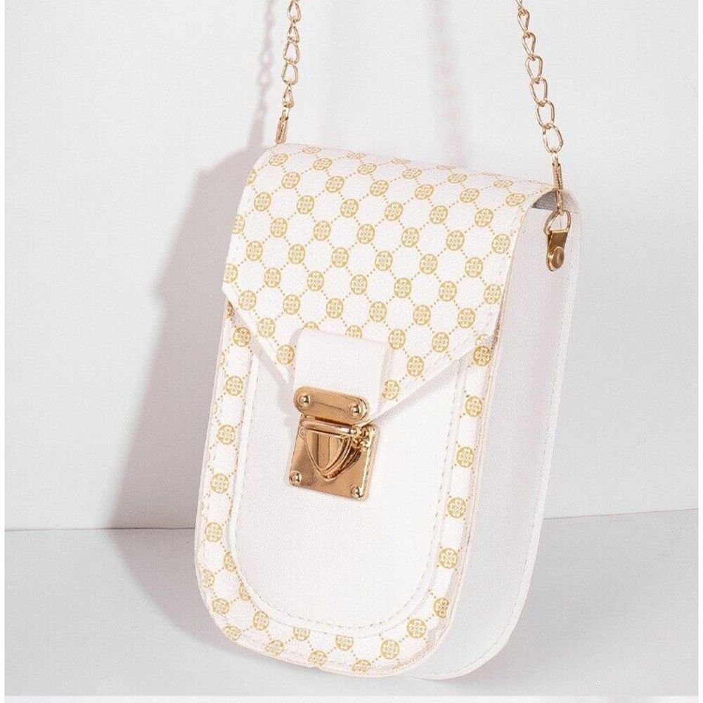 Crossbody Cell Phone Bag with Gold Chain Accent-White
